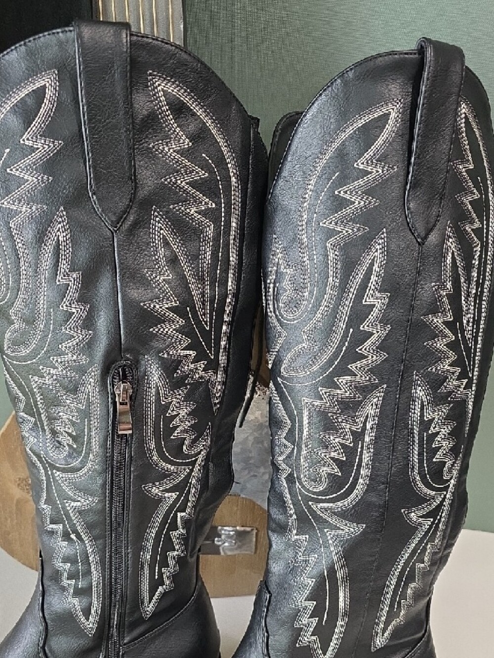 Onlymaker Black Embroidered Cowboy Boots Knee High Western Cowgirl Sz 9 - Picture 4 of 10